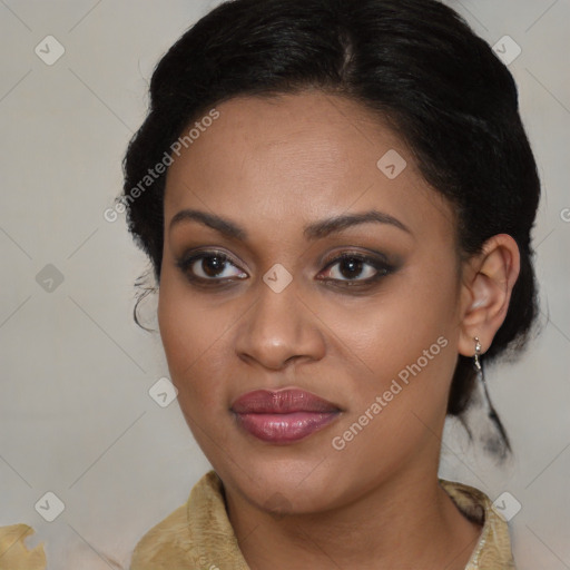 Joyful latino young-adult female with medium  brown hair and brown eyes