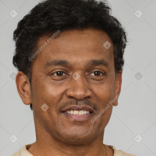 Joyful black adult male with short  brown hair and brown eyes