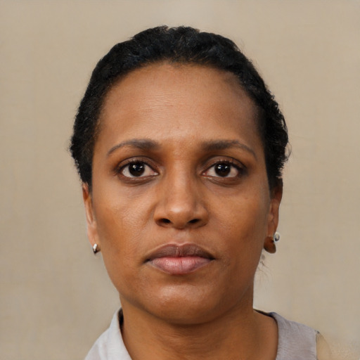 Neutral black young-adult female with short  black hair and brown eyes