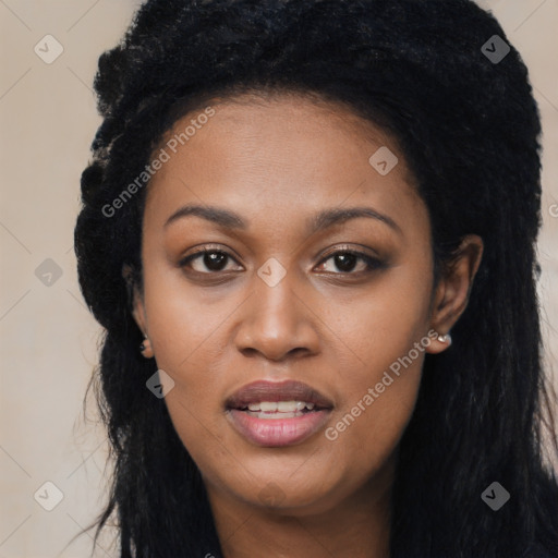 Joyful black young-adult female with long  black hair and brown eyes