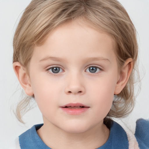 Neutral white child female with medium  brown hair and blue eyes