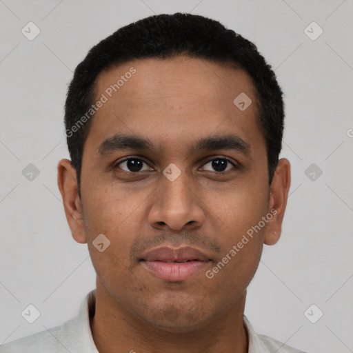 Neutral latino young-adult male with short  black hair and brown eyes