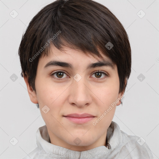 Joyful white young-adult female with short  brown hair and brown eyes