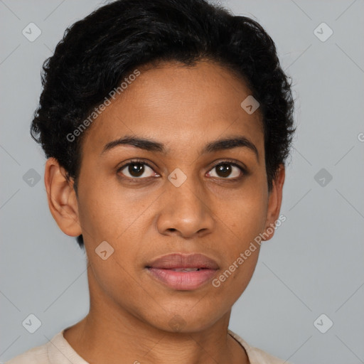 Joyful latino young-adult female with short  brown hair and brown eyes