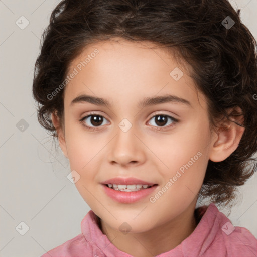 Joyful white child female with medium  brown hair and brown eyes