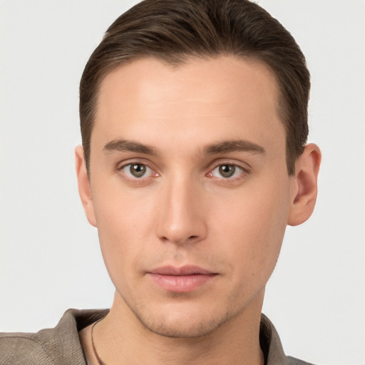 Neutral white young-adult male with short  brown hair and brown eyes