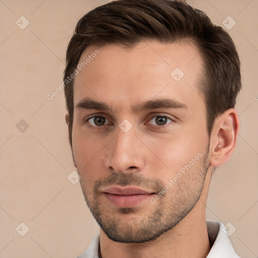 Neutral white young-adult male with short  brown hair and brown eyes