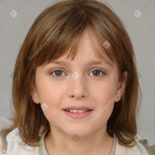 Joyful white child female with medium  brown hair and brown eyes