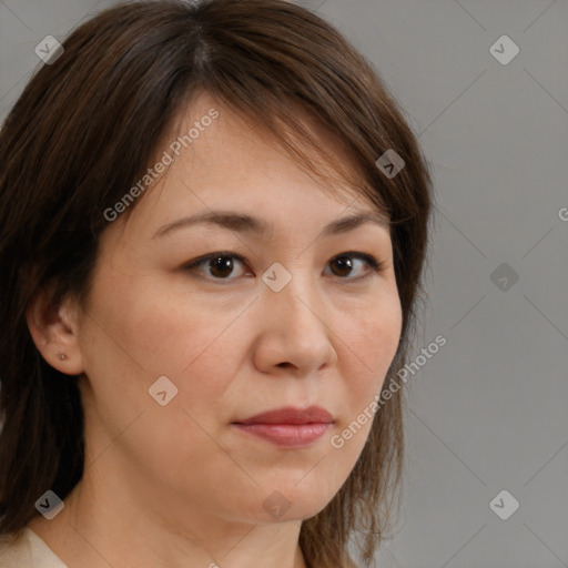 Neutral white young-adult female with medium  brown hair and brown eyes