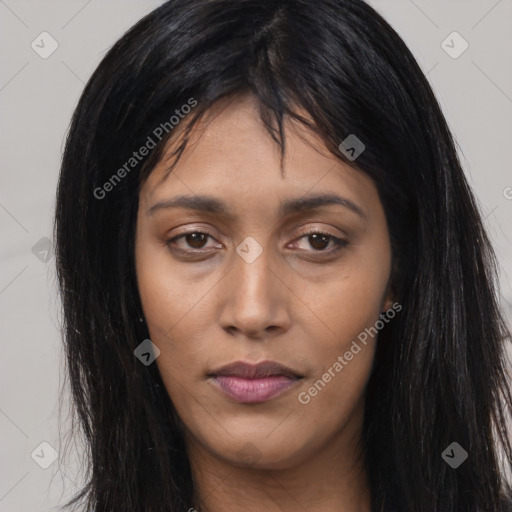 Neutral asian young-adult female with long  black hair and brown eyes