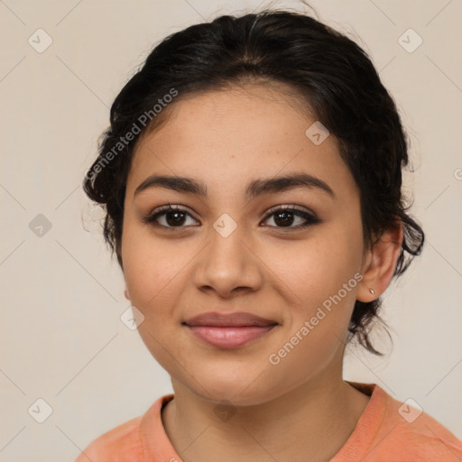 Joyful latino young-adult female with medium  brown hair and brown eyes