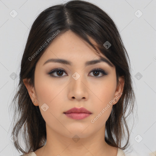 Neutral asian young-adult female with medium  brown hair and brown eyes