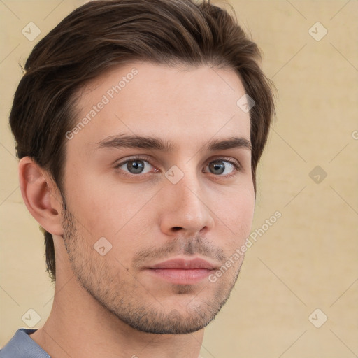 Neutral white young-adult male with short  brown hair and brown eyes