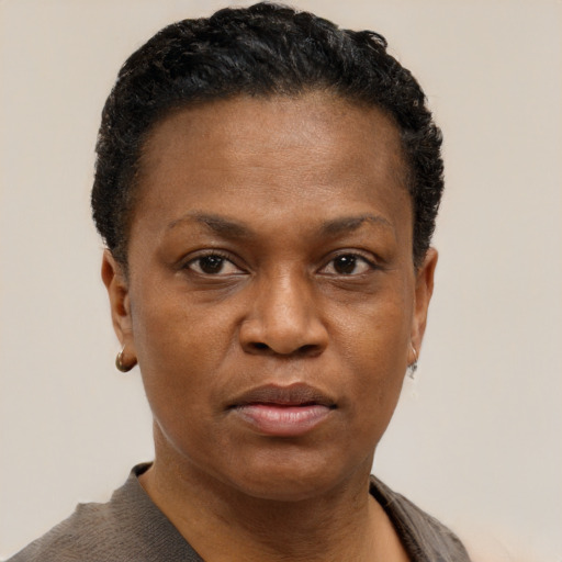 Neutral black adult female with short  brown hair and brown eyes