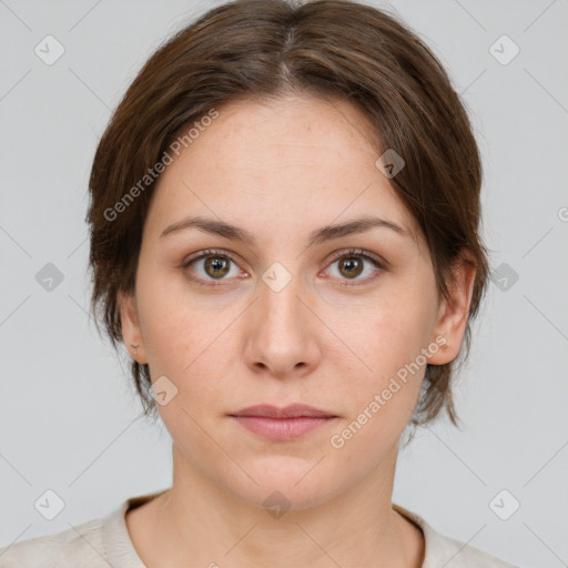 Neutral white young-adult female with medium  brown hair and brown eyes