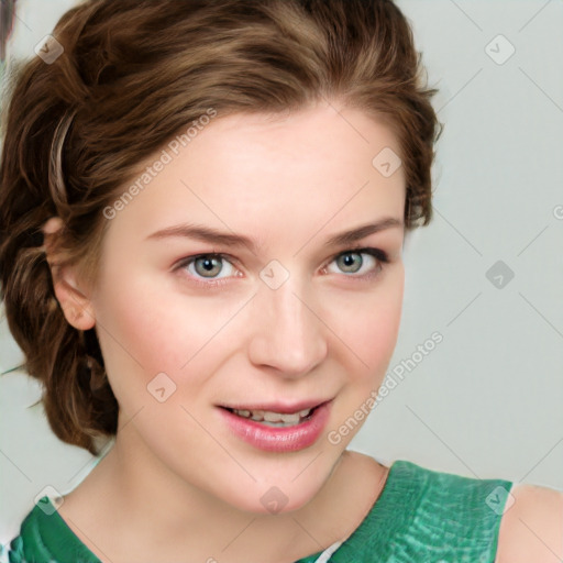 Joyful white young-adult female with medium  brown hair and green eyes