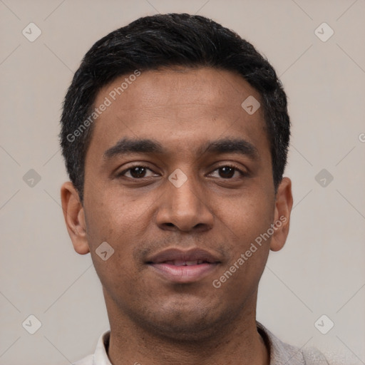 Joyful latino young-adult male with short  black hair and brown eyes