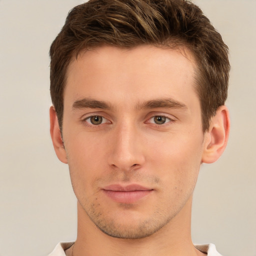 Neutral white young-adult male with short  brown hair and brown eyes