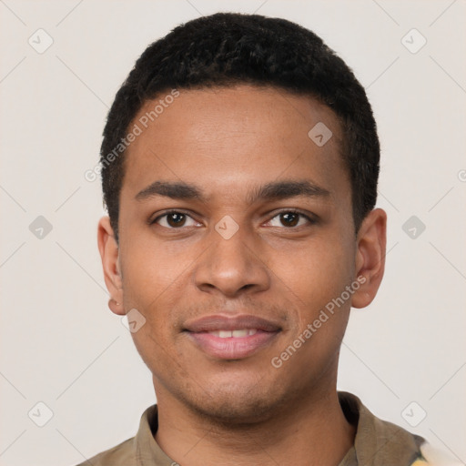 Joyful latino young-adult male with short  brown hair and brown eyes