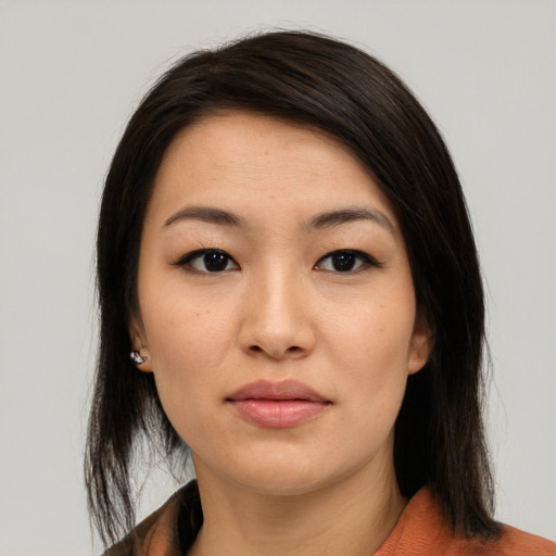 Neutral asian young-adult female with medium  black hair and brown eyes