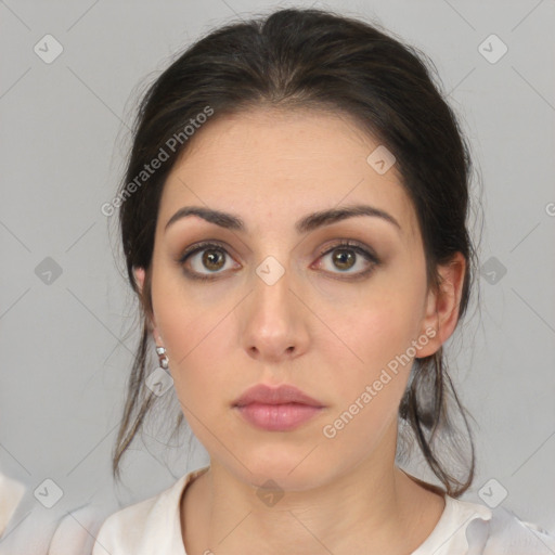 Neutral white young-adult female with medium  brown hair and brown eyes