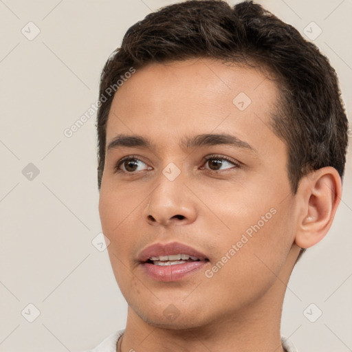 Neutral white young-adult male with short  brown hair and brown eyes