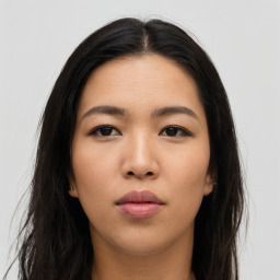 Neutral asian young-adult female with long  brown hair and brown eyes