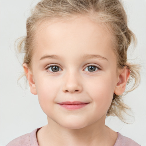 Joyful white child female with medium  blond hair and blue eyes