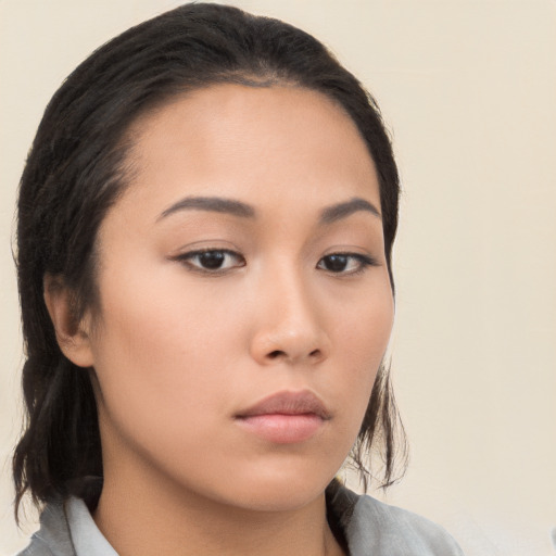 Neutral asian young-adult female with long  brown hair and brown eyes