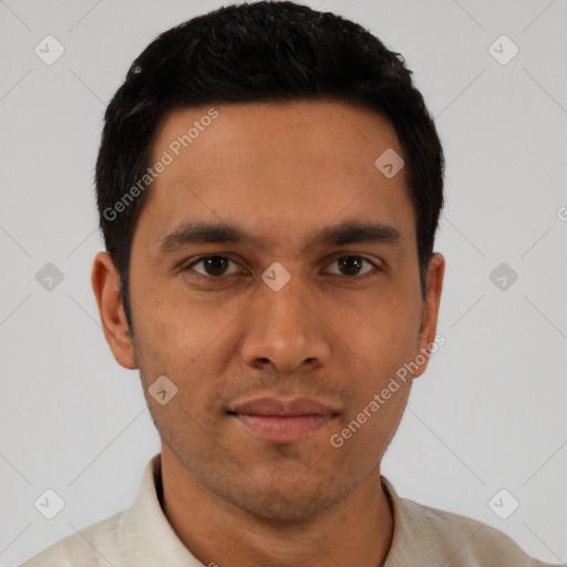 Neutral latino young-adult male with short  black hair and brown eyes