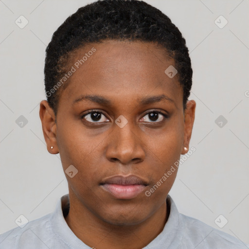 Neutral black young-adult female with short  black hair and brown eyes