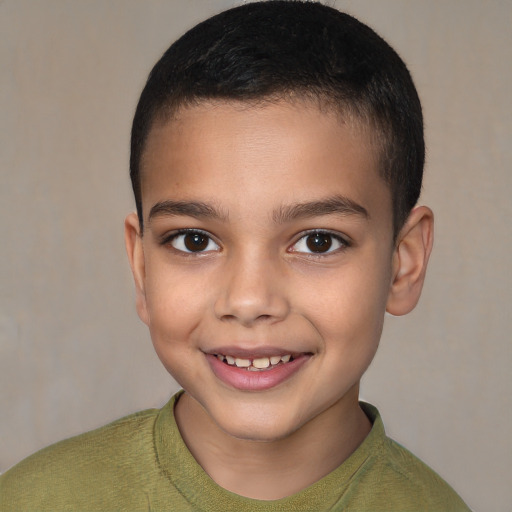 Joyful white child male with short  brown hair and brown eyes