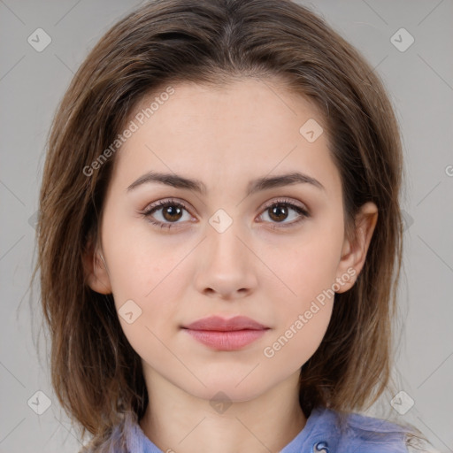 Neutral white young-adult female with medium  brown hair and brown eyes