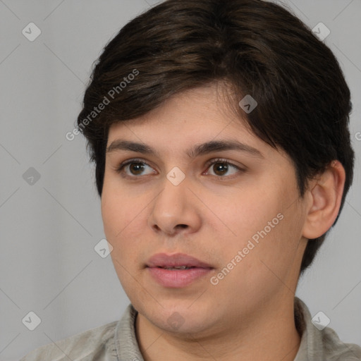 Neutral white young-adult female with medium  brown hair and brown eyes