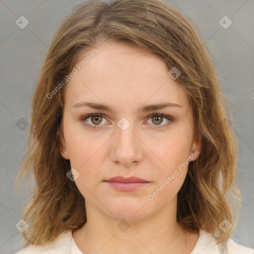 Neutral white young-adult female with medium  brown hair and brown eyes