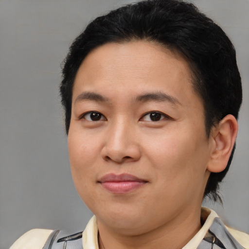 Joyful asian young-adult female with short  brown hair and brown eyes