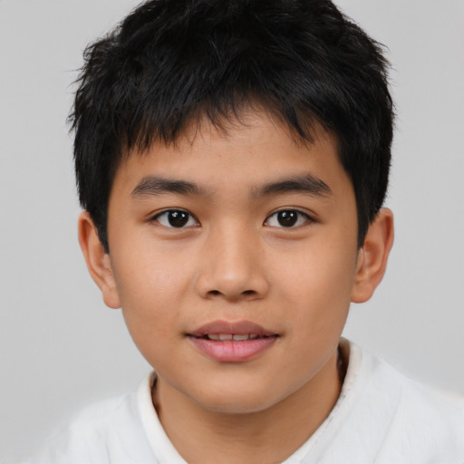 Joyful asian child male with short  brown hair and brown eyes