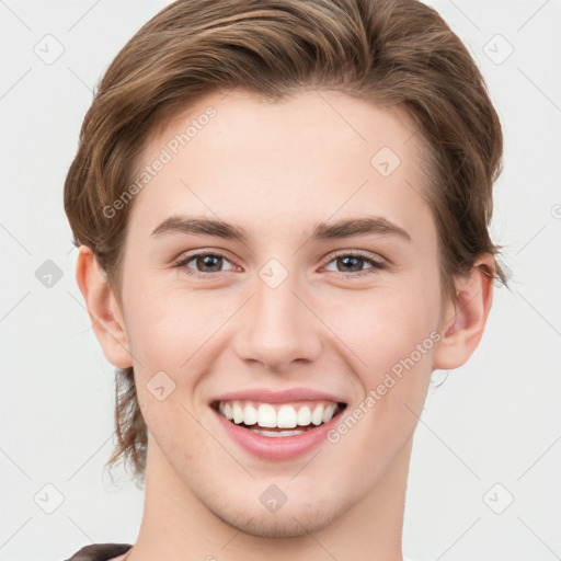 Joyful white young-adult female with short  brown hair and grey eyes