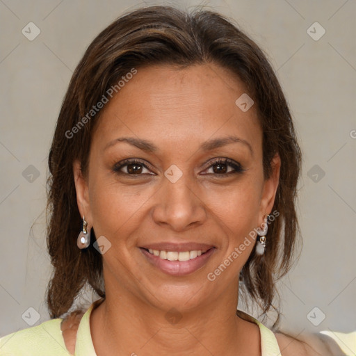 Joyful white adult female with medium  brown hair and brown eyes