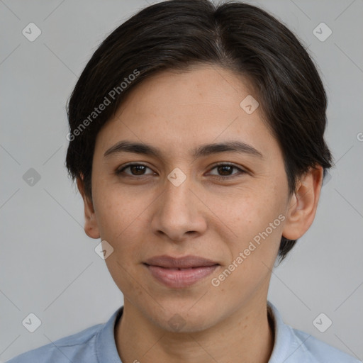 Joyful white young-adult female with short  brown hair and brown eyes