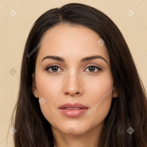 Neutral white young-adult female with long  brown hair and brown eyes