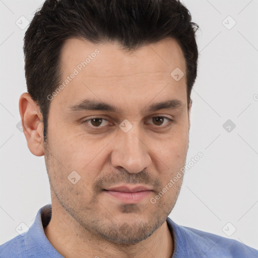 Joyful white adult male with short  brown hair and brown eyes