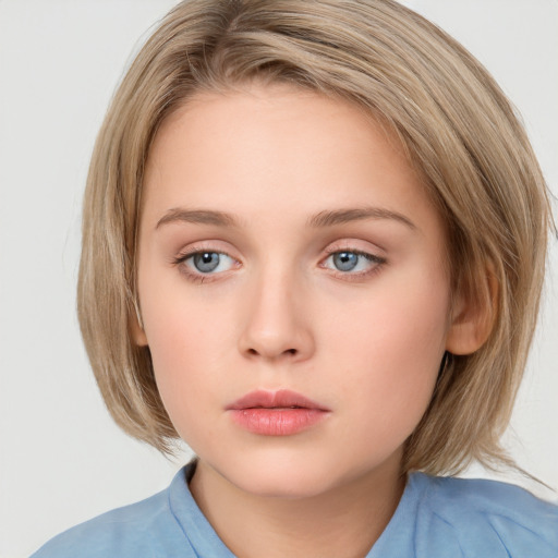 Neutral white young-adult female with medium  brown hair and blue eyes