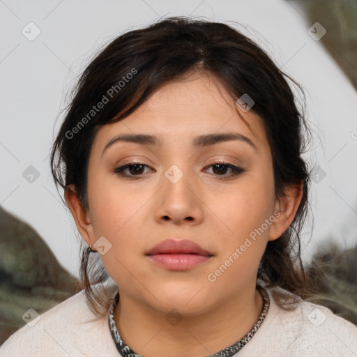 Neutral asian young-adult female with medium  brown hair and brown eyes