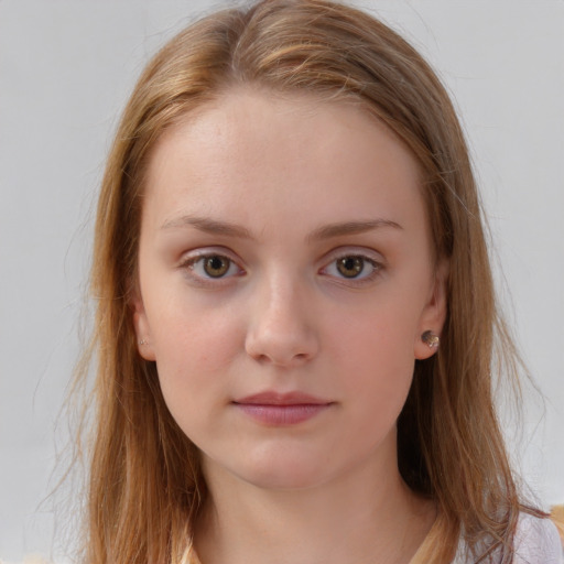 Neutral white child female with long  brown hair and brown eyes