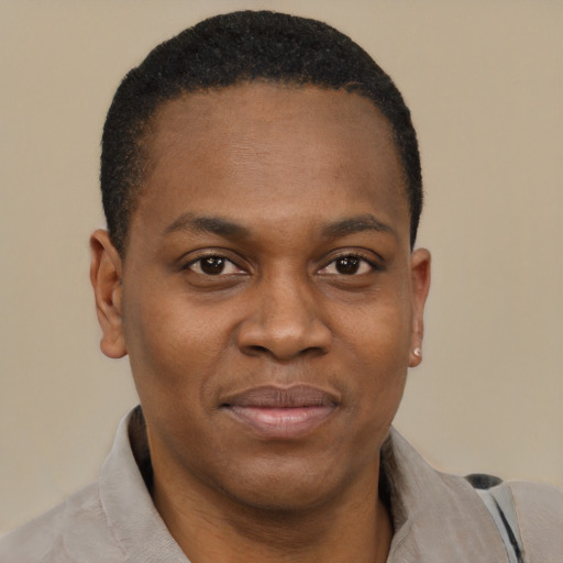 Joyful black young-adult male with short  black hair and brown eyes