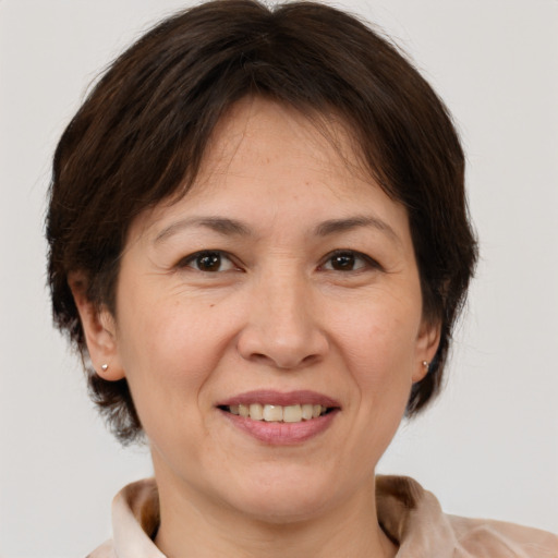 Joyful white adult female with medium  brown hair and brown eyes