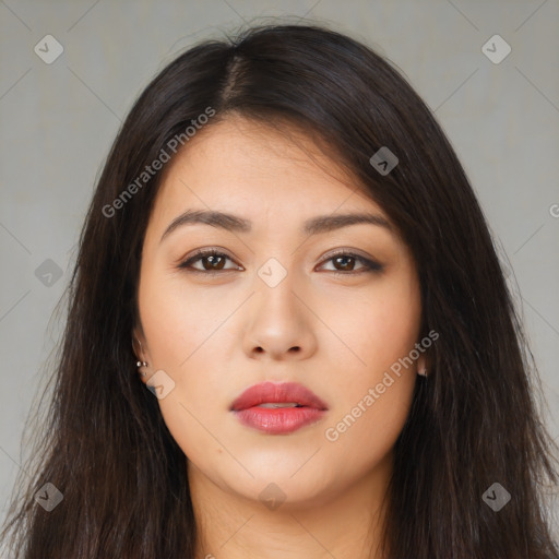 Neutral asian young-adult female with long  brown hair and brown eyes