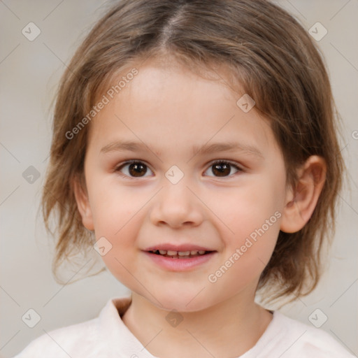 Joyful white child female with medium  brown hair and brown eyes