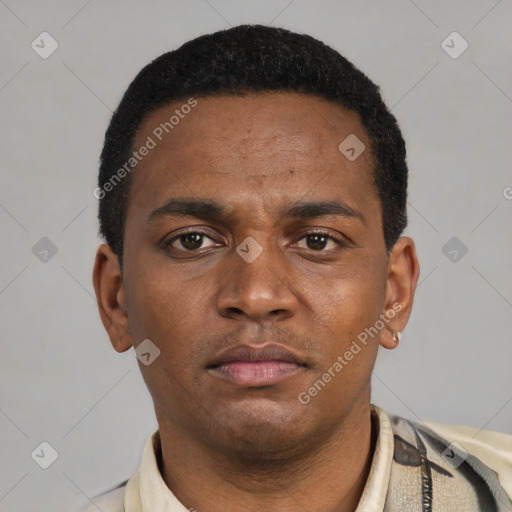 Neutral latino young-adult male with short  black hair and brown eyes